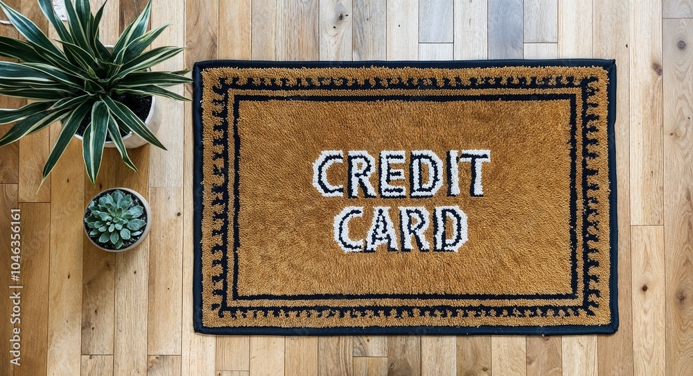Fototapeta premium Credit card text on mat rug in wooden floor background