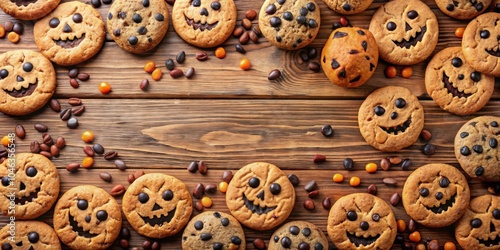 Funny Halloween cookies with chocolate chips scattered on a table , Halloween, cookies, chocolate chips, funny, dessert