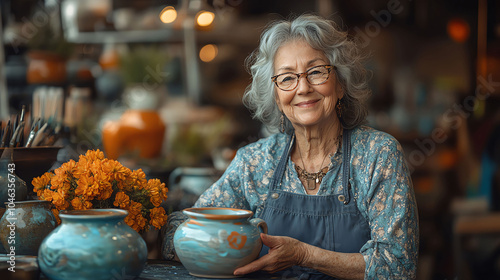 A senior woman artist joyfully teaches her friend how to paint a ceramic cup, embodying creativity, friendship, and lifelong learning