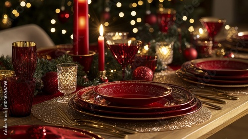 Elegant Christmas Dinner Table Setting for Holiday Feast Generative AI