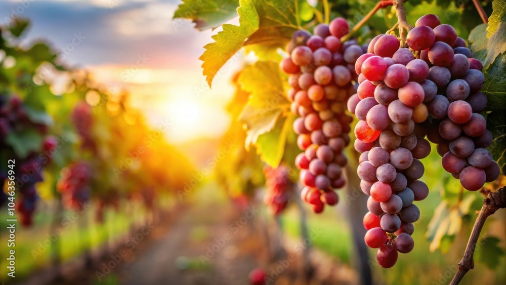 Naklejka premium Close up view of red grapes on vine bush in vineyard plantation during sunset, red grapes, vine, bush