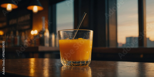 A refreshing glass of orange juice with ice cubes and orange slices, enjoyed on a rooftop terrace with a stunning sunset cityscape view.