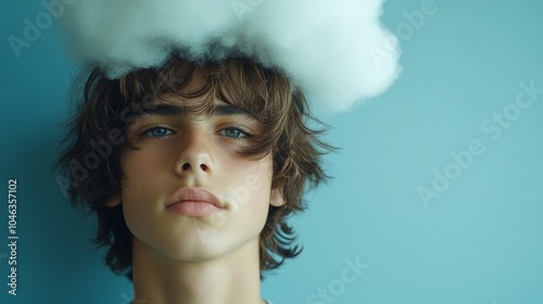 Young Man Standing Against a Blue Background with a Fluffy Cloud Generative AI