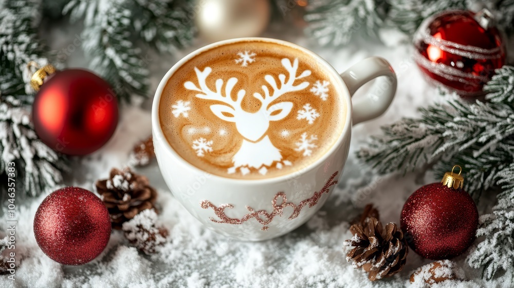 Festive Holiday Table Setting with Reindeer Latte Art Generative AI Festive Holiday Table Setting with Reindeer Latte Art Generative AI