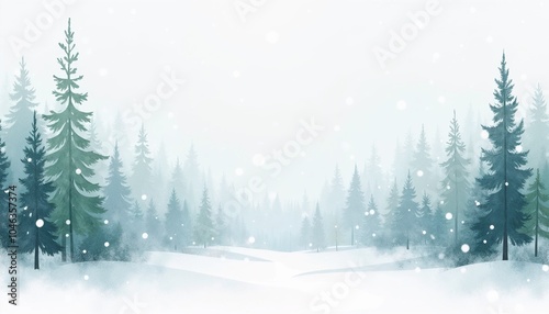 Snowy winter landscape with evergreen trees and a soft white background