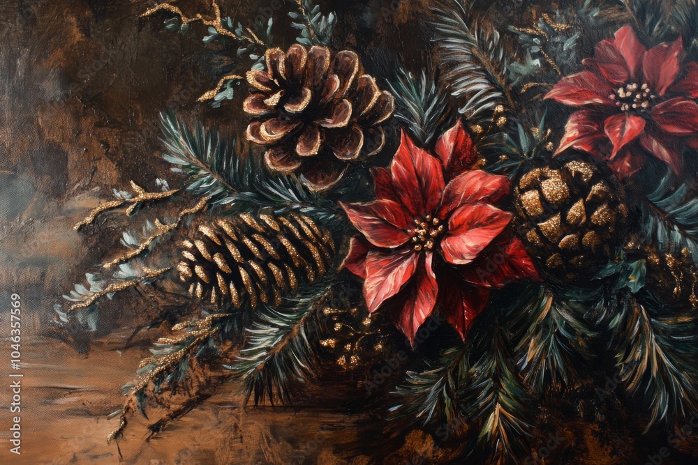 Fototapeta premium Vintage Christmas Floral Arrangement with Red Flowers, Holiday Season Decoration Generative AI