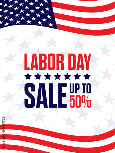 Labor Day Sale advertisement with up to 50 percent off, with an American flag and stars background