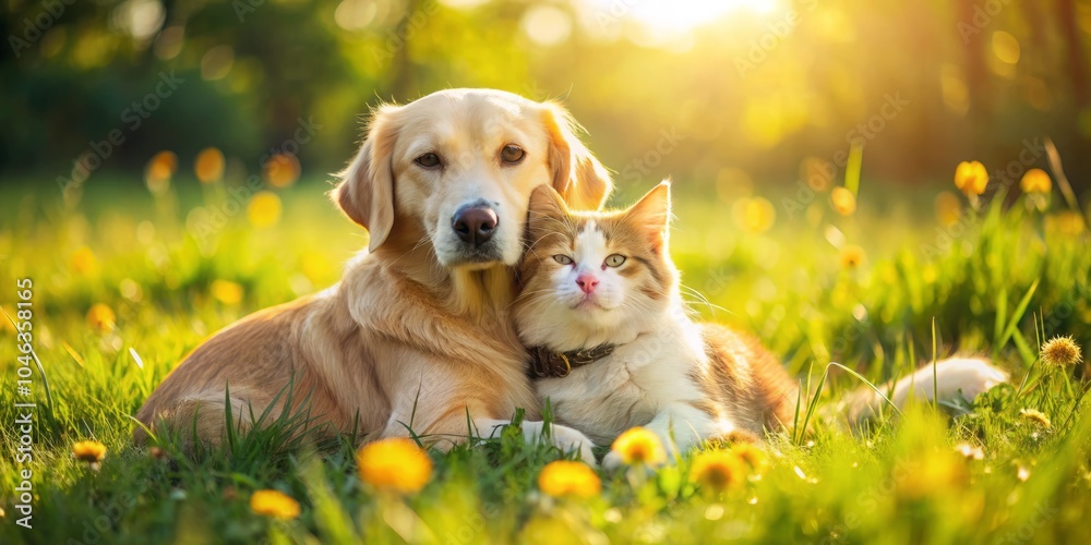 Adorable Dog and Cat Snuggling in Summer Meadow, Unlikely Friends Basking in Sunshine, Lush Green Grass, Serene Atmosphere, Summer Companionship, Pet Love Adorable Dog and Cat Snuggling in Summer Meadow, Unlikely Friends Basking in Sunshine, Lush Green Grass, Serene Atmosphere, Summer Companionship, Pet Love