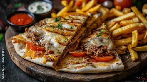 Doner Kebap sliced ​​fast food in flatbread with French Fries on a wooden slicing board