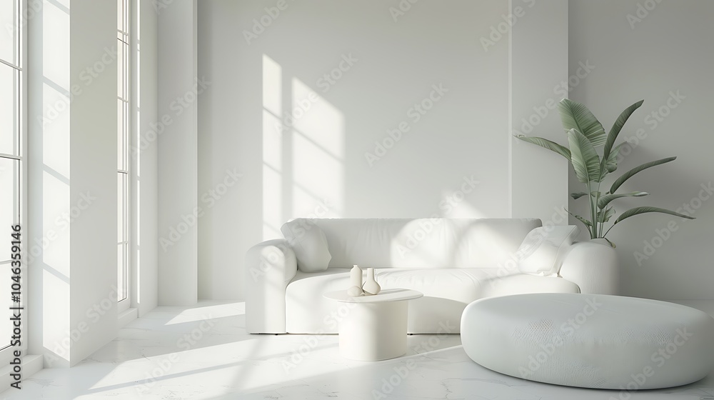 Fototapeta premium Interior of bright living room with minimal home design mockup on empty bright background