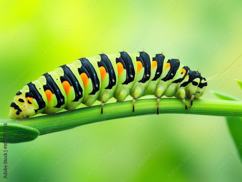 A vibrant caterpillar resting on a green stem, showcasing its striking colors and patterns. A vibrant caterpillar resting on a green stem, showcasing its striking colors and patterns.
