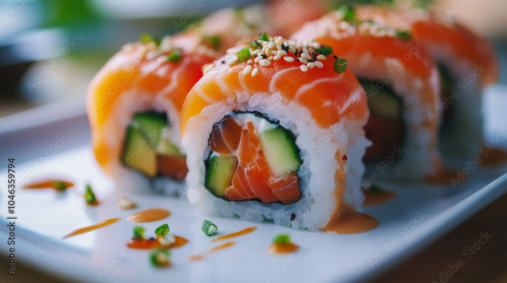 Close-up of a sushi roll with fresh salmon, avocado and rice Close-up of a sushi roll with fresh salmon, avocado and rice
