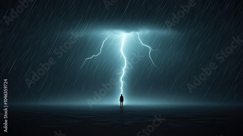 Lonely figure amidst a powerful lightning storm, dramatic atmospheric effects. photo