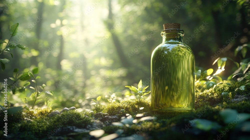 An eco-friendly cosmetic bottle made from recycled materials placed in a forest setting with natural sunlight, evoking a green, sustainable, and organic feel. An eco-friendly cosmetic bottle made from recycled materials placed in a forest setting with natural sunlight, evoking a green, sustainable, and organic feel.