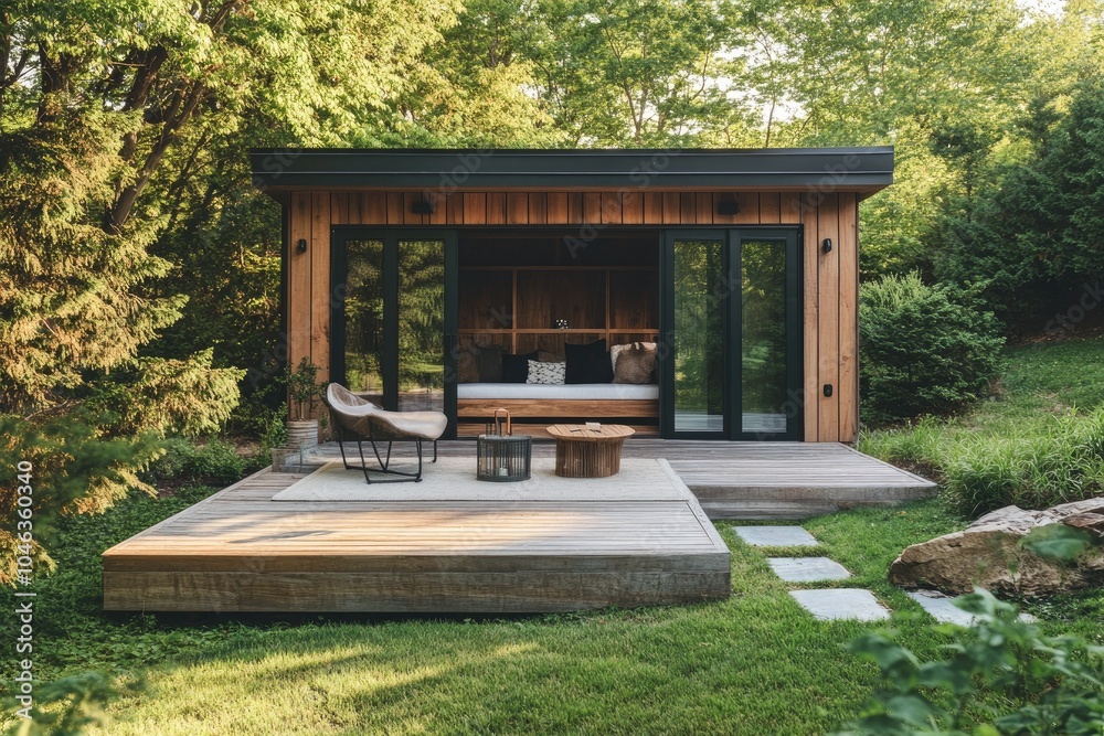 an outdoor living area with a wooden deck, a seating group, and a table set up for socializing. In the background, there is a small home office tiny house built into the backyard garden an outdoor living area with a wooden deck, a seating group, and a table set up for socializing. In the background, there is a small home office tiny house built into the backyard garden