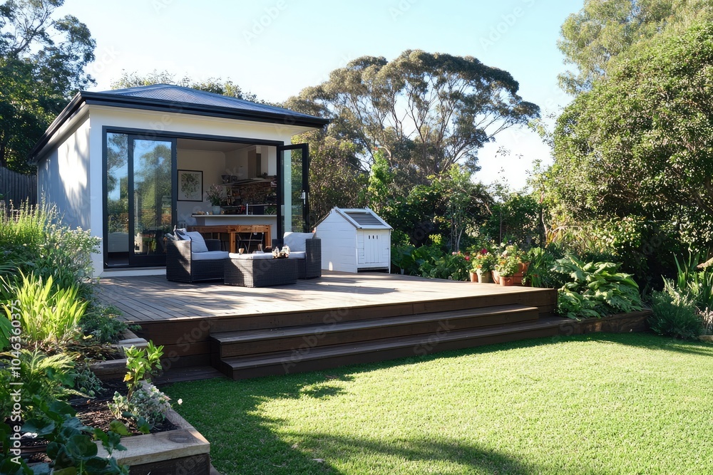 An outdoor living area with patio furniture on a wooden deck, a small home office in the background with sliding glass doors leading to a backyard garden An outdoor living area with patio furniture on a wooden deck, a small home office in the background with sliding glass doors leading to a backyard garden