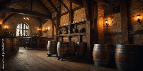 A dimly lit, rustic medieval tavern interior with wooden barrels, a stone bar, and a warm, inviting atmosphere.