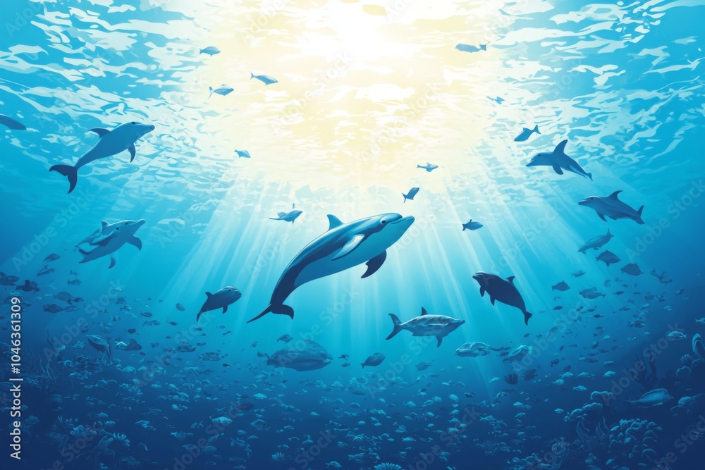 Fototapeta premium Underwater Tranquility: Dolphins Dancing in the Deep Blue