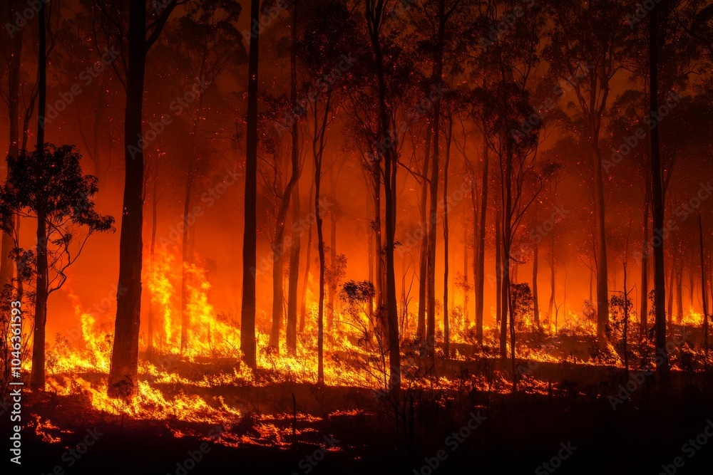 Apocalyptic Wildfire Rages Through Forest at Night Apocalyptic Wildfire Rages Through Forest at Night