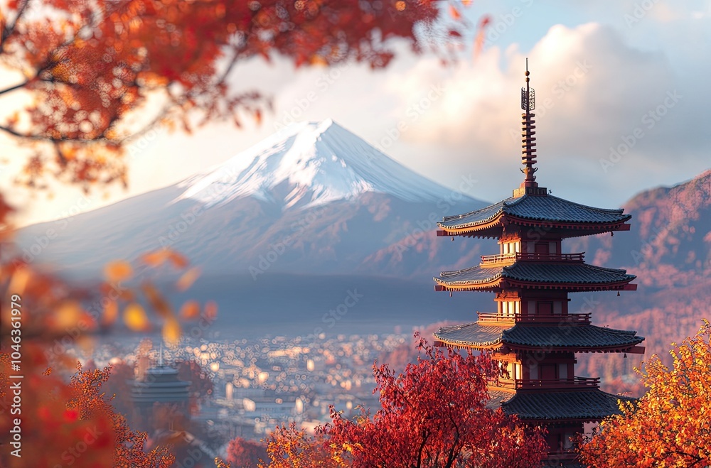 Fototapeta premium Red pagoda with Chureito-pagoda tower in front of the city and Mount Fuji, Japan, beautiful autumn landscape with colorful leaves