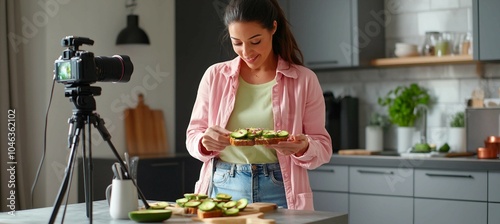 Young woman recording food vlog on camera in modern kitchen photo