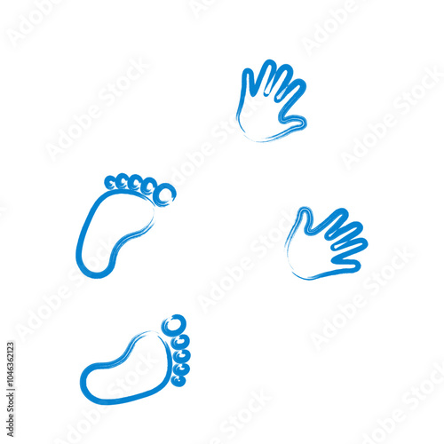 Baby footprints and hands vector isolated set on white background. Foot prints of barefoot person. Children's feet and hands.