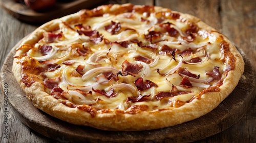 A pizza with ham and onions on top. It is sitting on a wooden board. The pizza is cut into slices