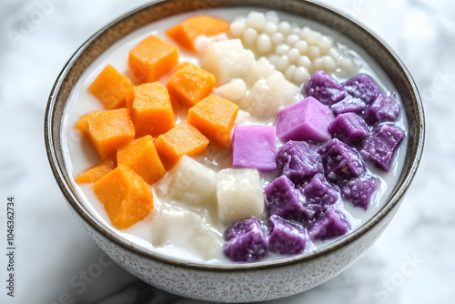 Colorful Bubur Cha Cha with sweet potatoes, taro cubes, and tapioca pearls in creamy coconut milk photo