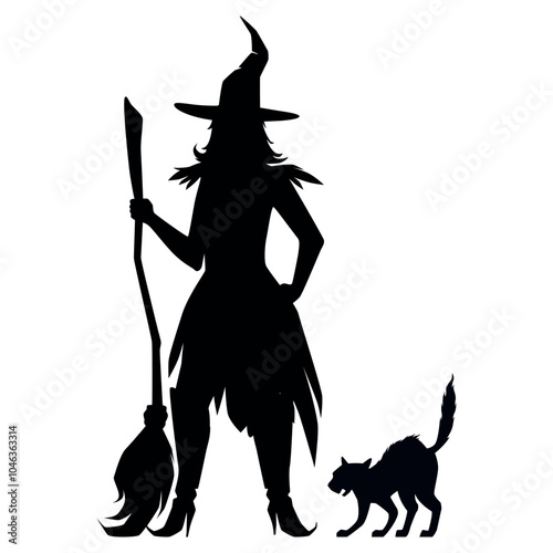 Witch in hat with broom and cat black Halloween silhouette icon vector flat illustration