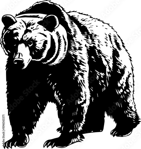Black and white illustration of a grizzly bear.