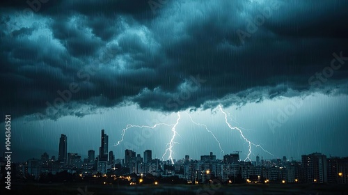 Dramatic storm clouds with lightning over a city skyline, emphasizing nature's power.