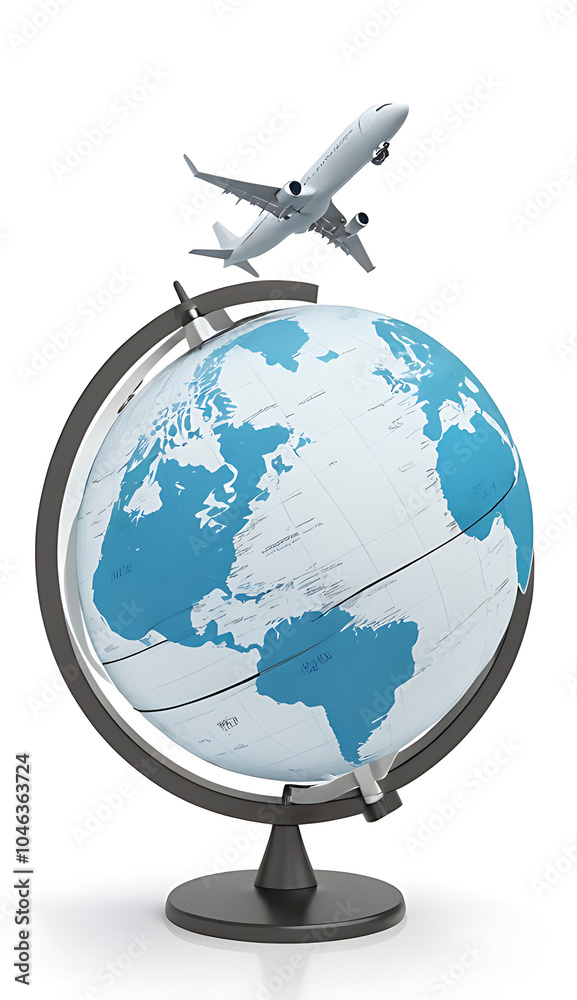 Fototapeta premium A simple globe with an airplane circling it, symbolizing travel and global exploration, isolated on a white background.