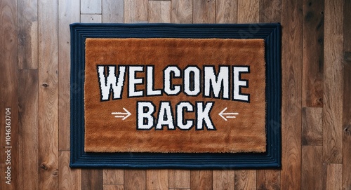 welcome back text on mat rug in wooden floor background