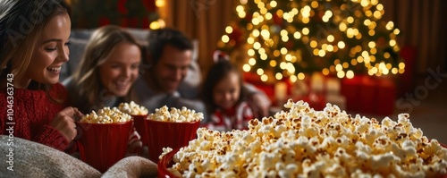 Christmas time image of a family enjoying a holiday movie night, with popcorn, blankets, and the glow of the Christmas tree in the background