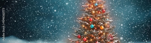 Christmas tree image of a tall, glowing tree outdoors in the snow, with twinkling lights, colorful ornaments, and snow gently falling around it