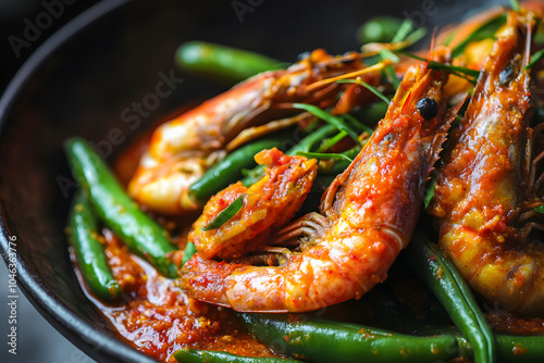 Spicy Sambal Petai dish with green stink beans and prawns, a Malaysian delicacy photo