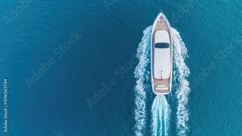 Luxury yacht sailing on clear blue water, aerial view.