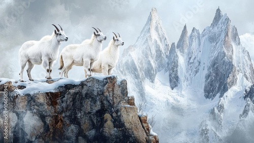 Nature image of a group of mountain goats standing on a rocky outcrop, with rugged, snowcovered peaks rising behind them