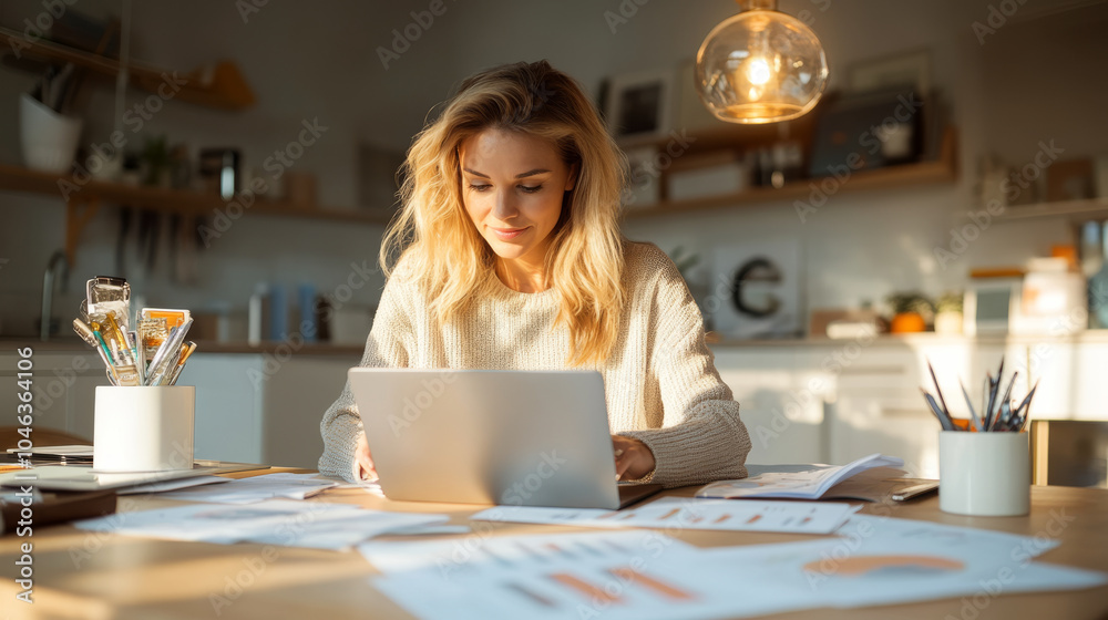 Focused on her work, woman with long blonde hair sits at desk surrounded by documents and laptop, immersed in her tasks. warm lighting creates cozy atmosphere, enhancing her concentration Focused on her work, woman with long blonde hair sits at desk surrounded by documents and laptop, immersed in her tasks. warm lighting creates cozy atmosphere, enhancing her concentration