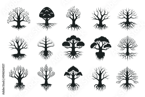 Tree with roots black minimalist silhouette icon set vector flat illustration