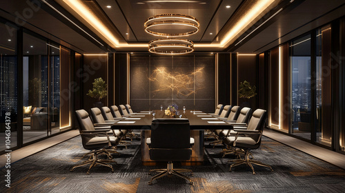 A luxurious meeting room featuring plush armchairs