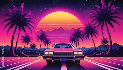 Retro Sunset Drive with a Vintage Car