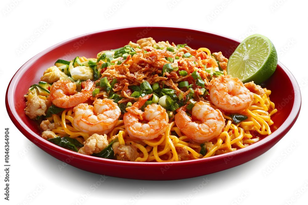 Malaysian Mee Goreng Mamak with fried yellow noodles, shrimp, eggs, and fresh vegetables