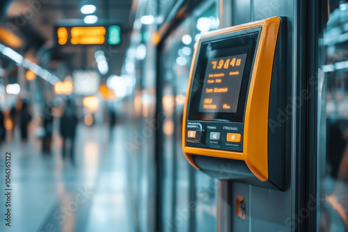 A modern ticket machine displays fare information in busy subway station, surrounded by commuters. vibrant colors and sleek design highlight urban transportation photo