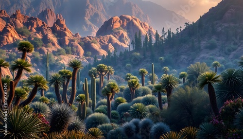 Breathtaking, High Fantasy, Desert Forest, Vibrant Flora, Golden Hour, Studio Lighting, Highly Detailed, Dramatic Depth of Field, Light and Shadow, Meticulously Rendered, Stunning Perfection