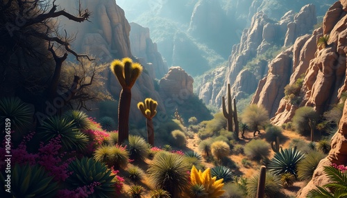 Breathtaking, High Fantasy, Desert Forest, Vibrant Flora, Golden Hour, Studio Lighting, Highly Detailed, Dramatic Depth of Field, Light and Shadow, Meticulously Rendered, Stunning Perfection