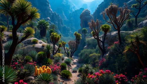 Breathtaking, High Fantasy, Desert Forest, Vibrant Flora, Golden Hour, Studio Lighting, Highly Detailed, Dramatic Depth of Field, Light and Shadow, Meticulously Rendered, Stunning Perfection
