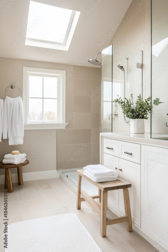Fototapeta premium A modern bathroom featuring skylight, glass shower, and elegant decor. space is bright and inviting, with neatly arranged towels and touch of greenery for refreshing atmosphere