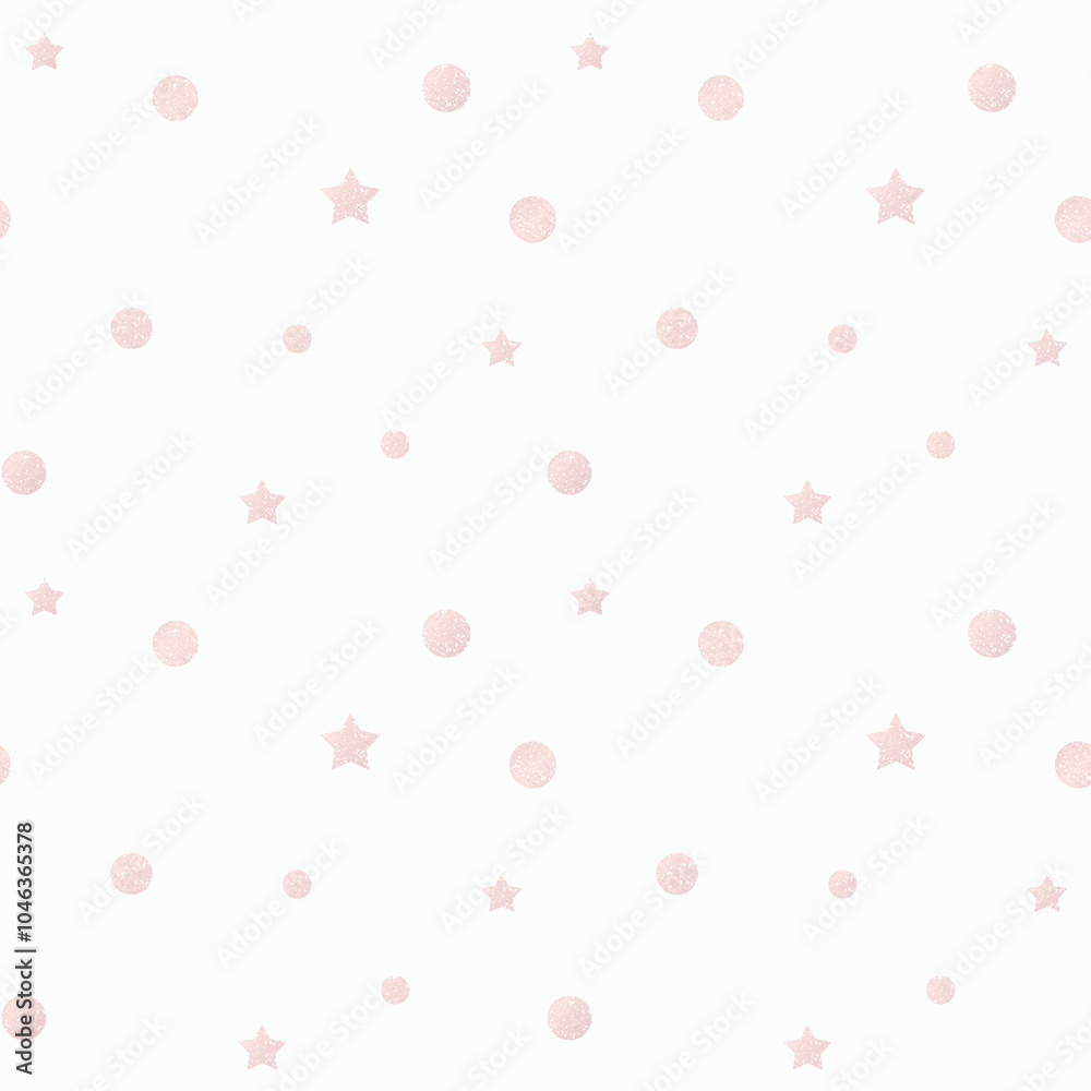 Seamless children's delicate pink polka dot pattern with stars on a white background. Seamless children's delicate pink polka dot pattern with stars on a white background.