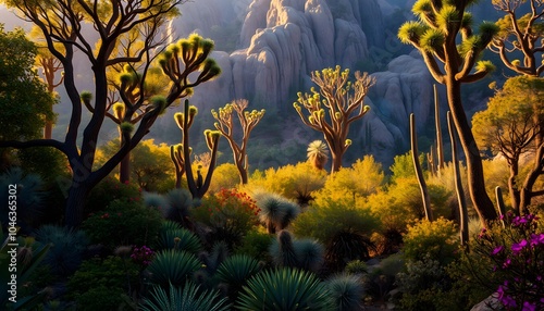 Breathtaking, High Fantasy, Desert Forest, Vibrant Flora, Golden Hour, Studio Lighting, Highly Detailed, Dramatic Depth of Field, Light and Shadow, Meticulously Rendered, Stunning Perfection